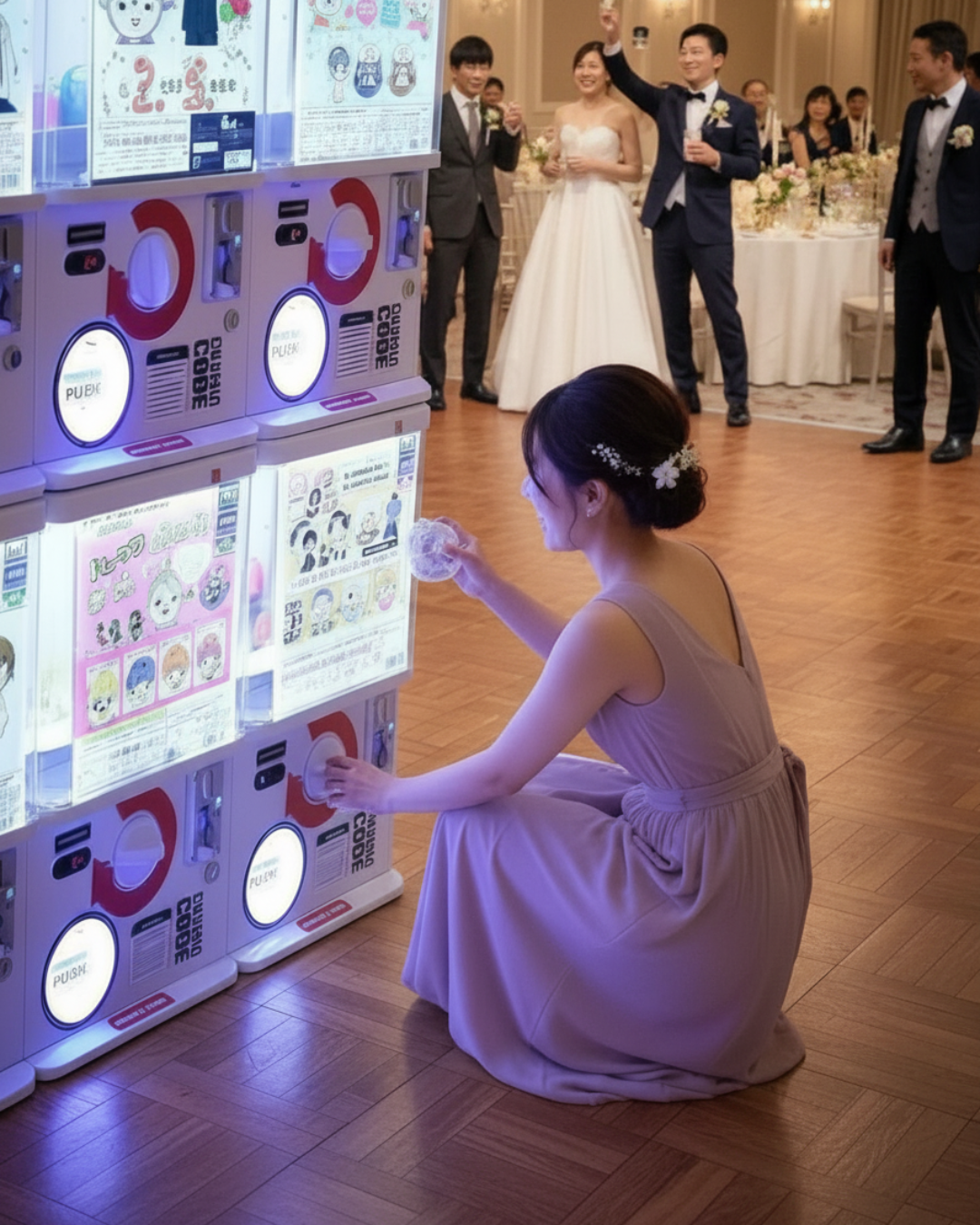 Woman interacting with a large touchscreen display at a formal event.